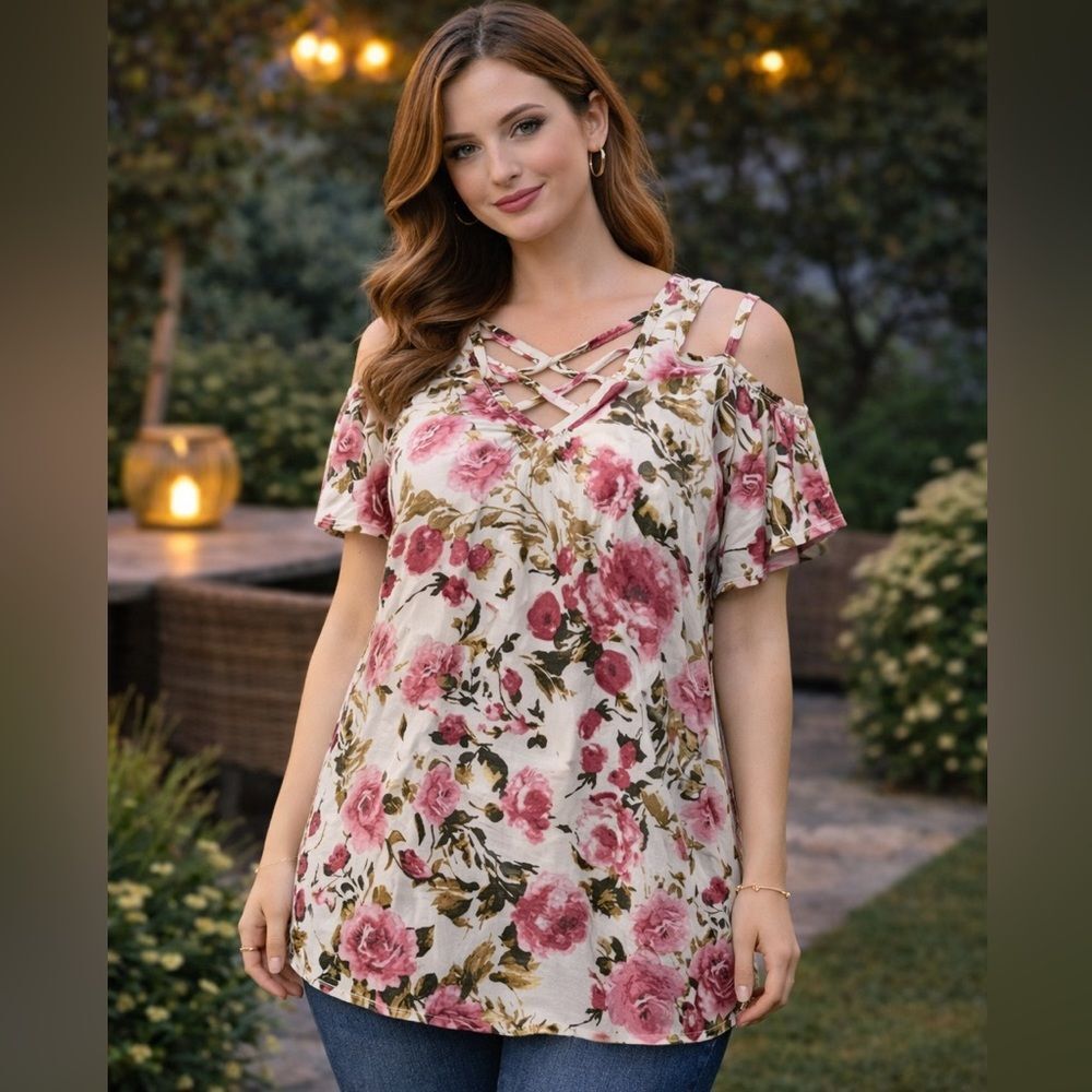 Discreet Floral Print Multicolored Short Sleeve Open Shoulder Size XL Top